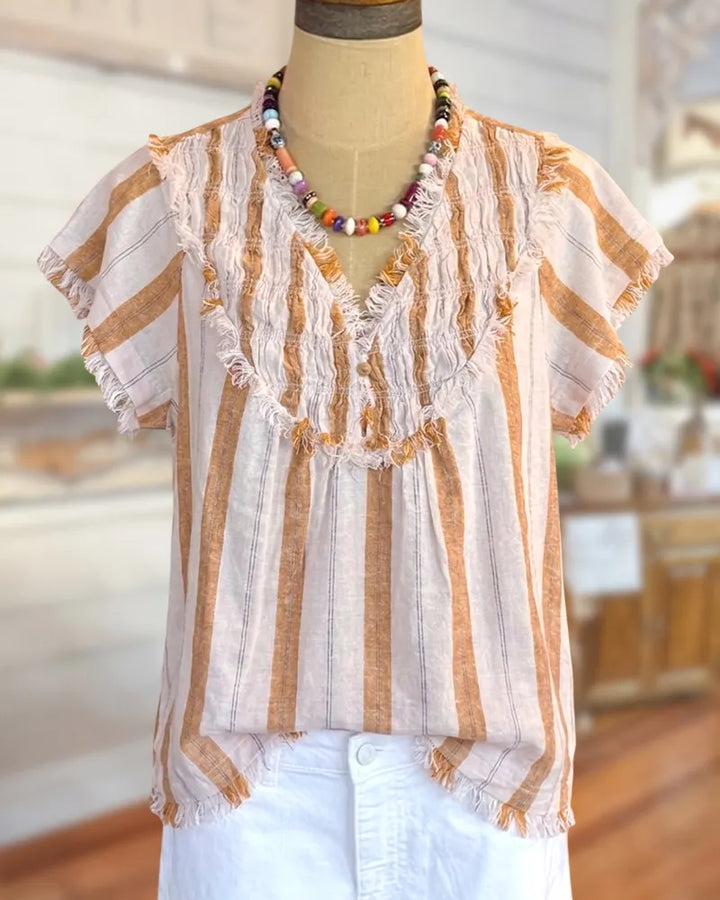 Striped Frayed Trim V Neck Smocked Chest Cozy Blouse