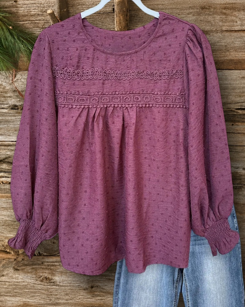 Lace Trim O Neck Long Sleeve Casual Swiss Dot Blouse