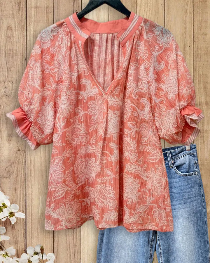 Floral Print V Neck Puff Sleeve Loose Casual Blouse