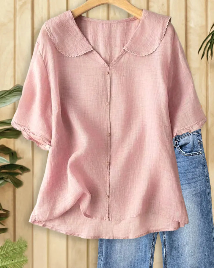 Solid Color Cute Doll Collar Button Front Blouse