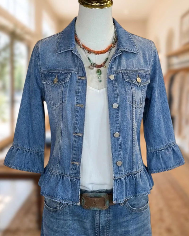 Ruffled Hem 3/4 Sleeve Denim Jacket With Chest Pockets