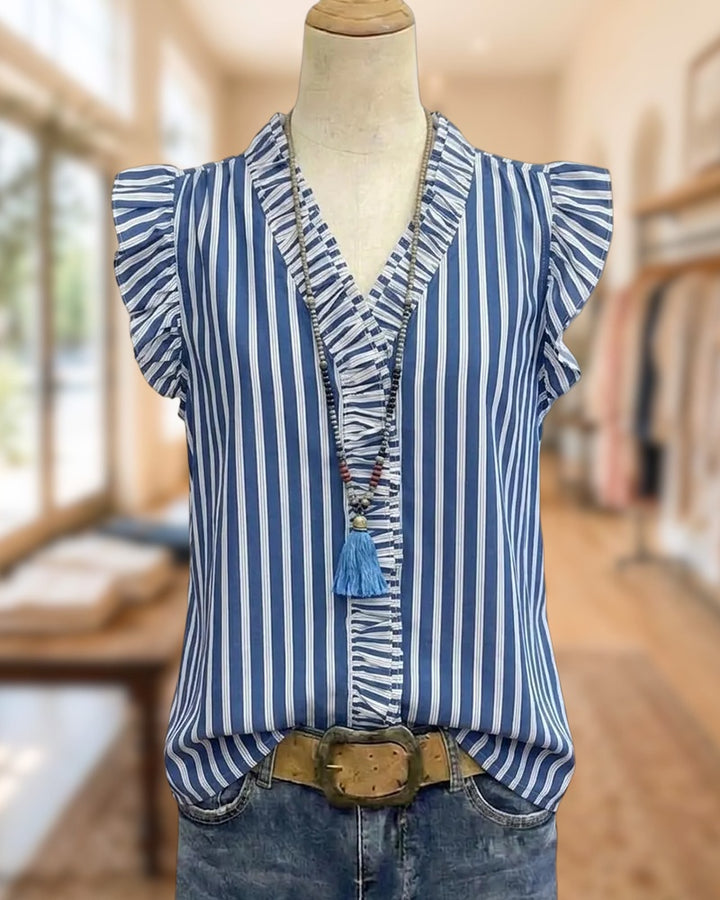 Ruffle Trim V Neck Striped Flutter Sleeve Casual Blouse