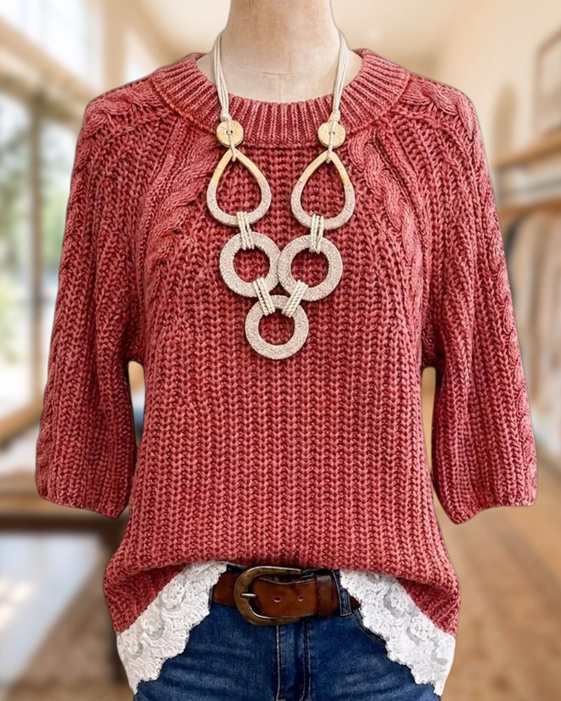 Cable Knit Raglan Sleeve Lace Trim Crew Neck Sweater