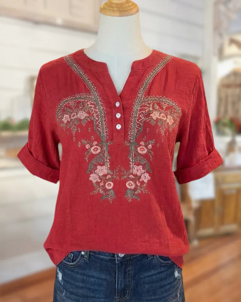 Floral Embroidered Rolled Sleeve V Neck Button Detail Blouse