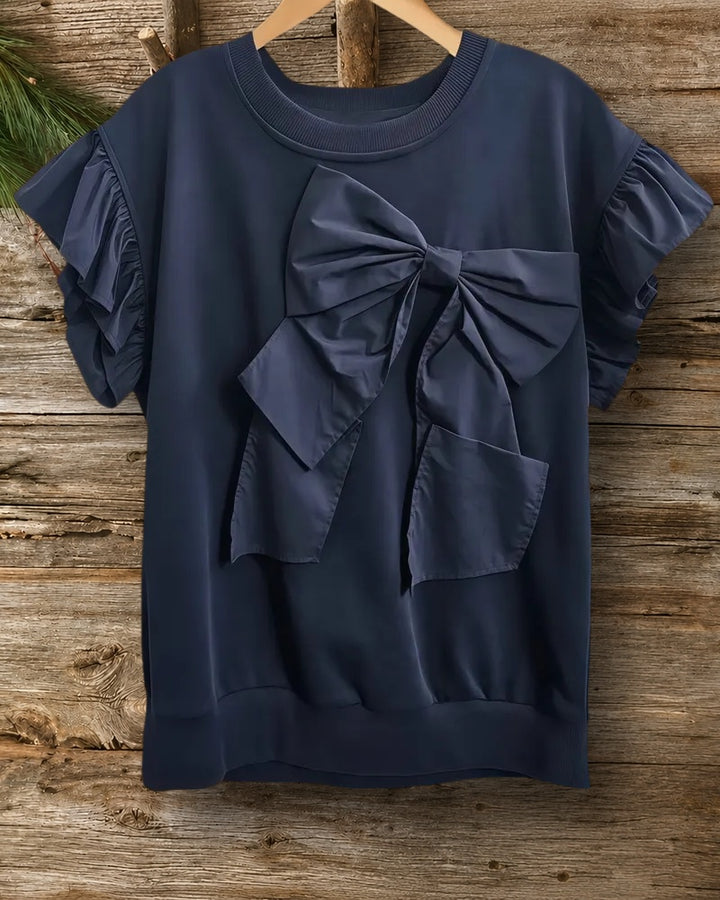 Solid Color Bow Decor Playful Ruffle Sleeve T-Shirt