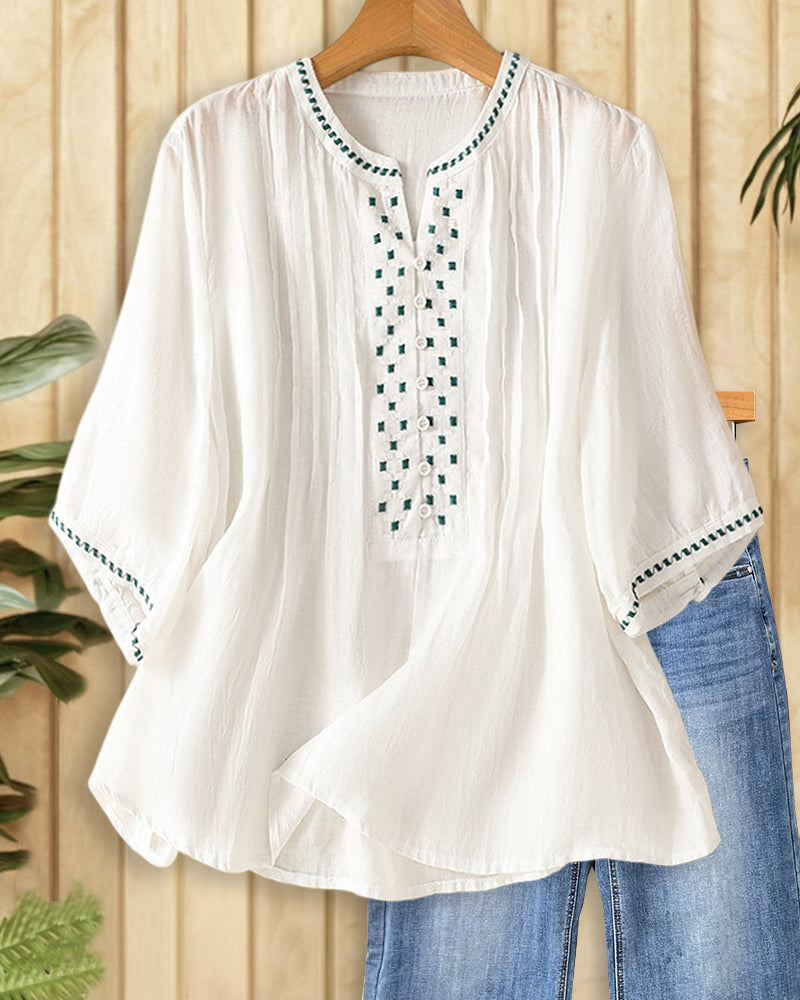 Embroidered V Neck Loose Pleated Detail 3/4 Sleeve Blouse
