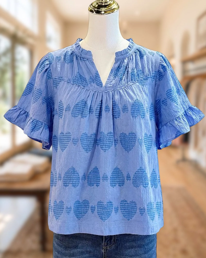 Heart Print Sweet Ruffle Sleeve V Neck Blouse