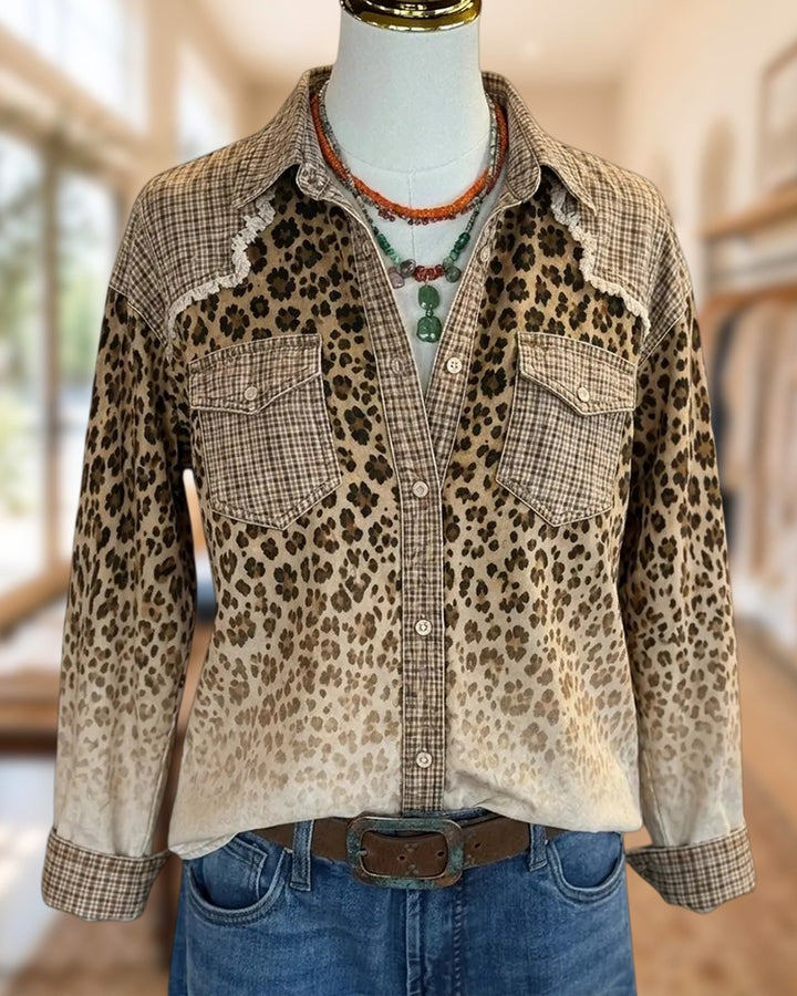 Leopard Plaid Contrast Frayed Trim Button Up Casual Shirt