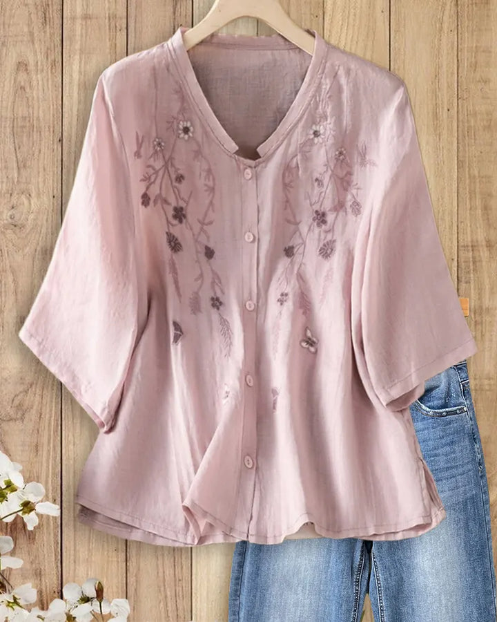 Embroidered V Neck Button Front 3/4 Sleeve Loose Blouse