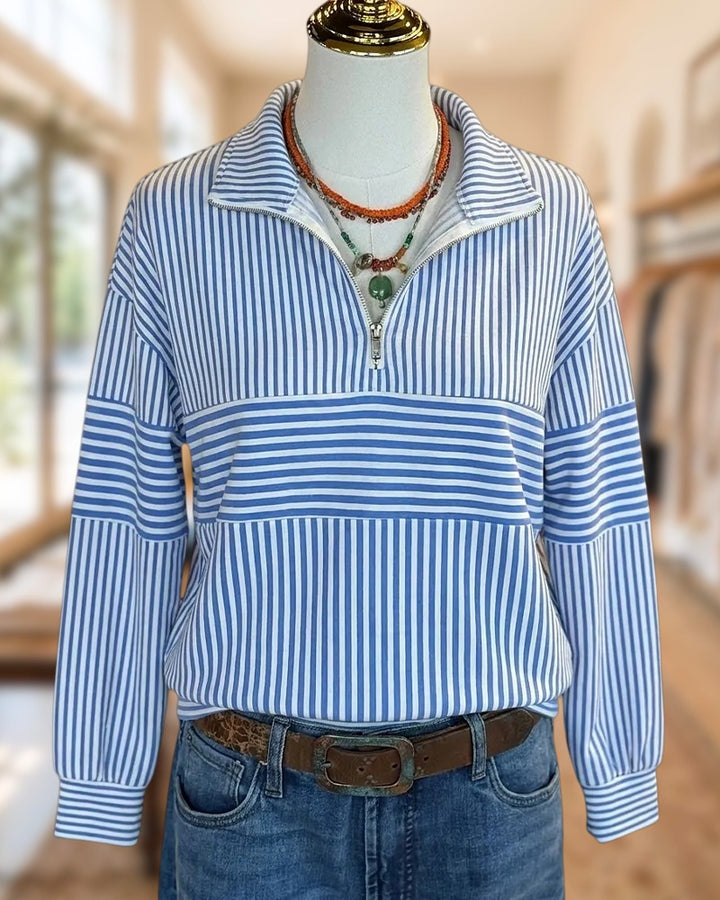 Half Zip Collared Striped Drop Shoulder Relaxed Fit Sweatshirt