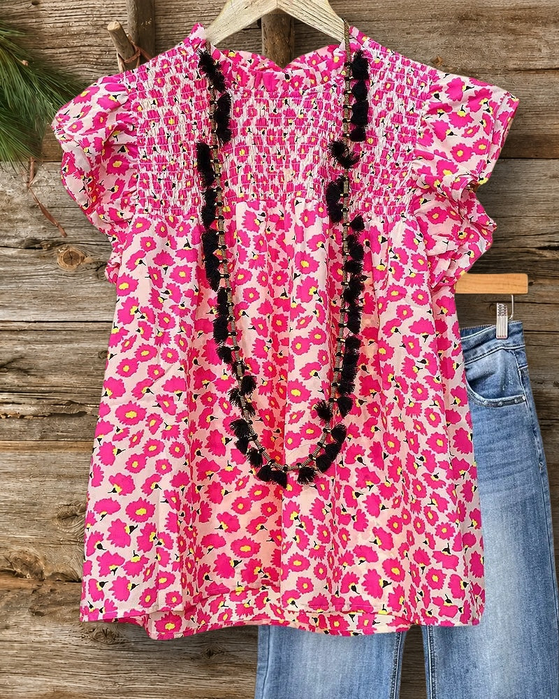 Floral Print Strap Shirred Cute Ruffle Sleeve Blouse