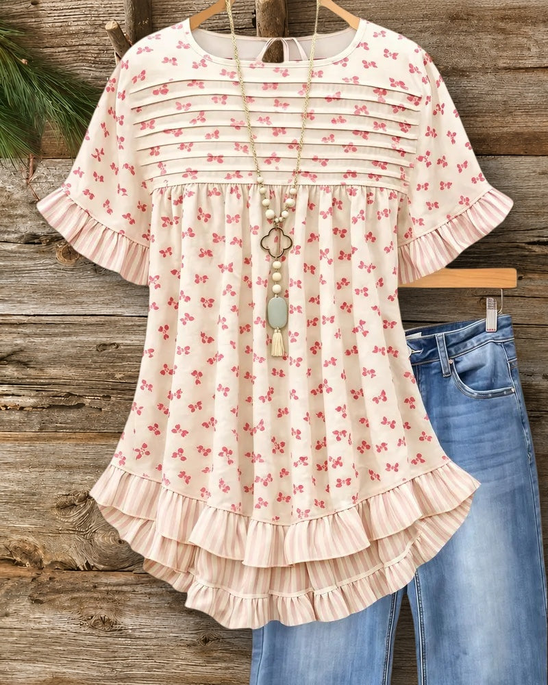 Floral Print Ruffle Trim Floaty Babydoll Blouse