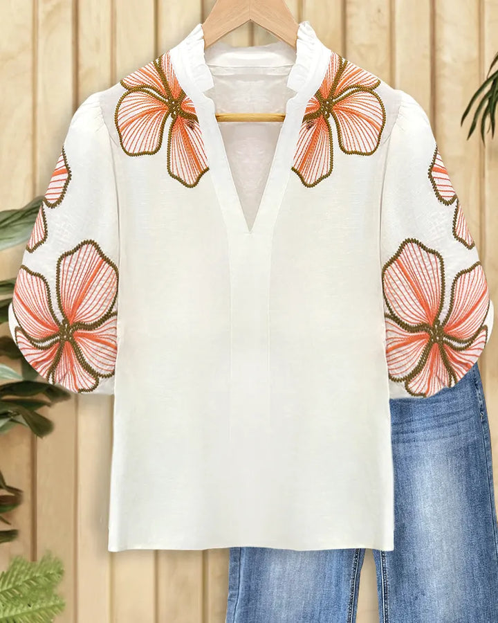Floral Embroidery Elegant V Neck Puff Sleeve Blouse