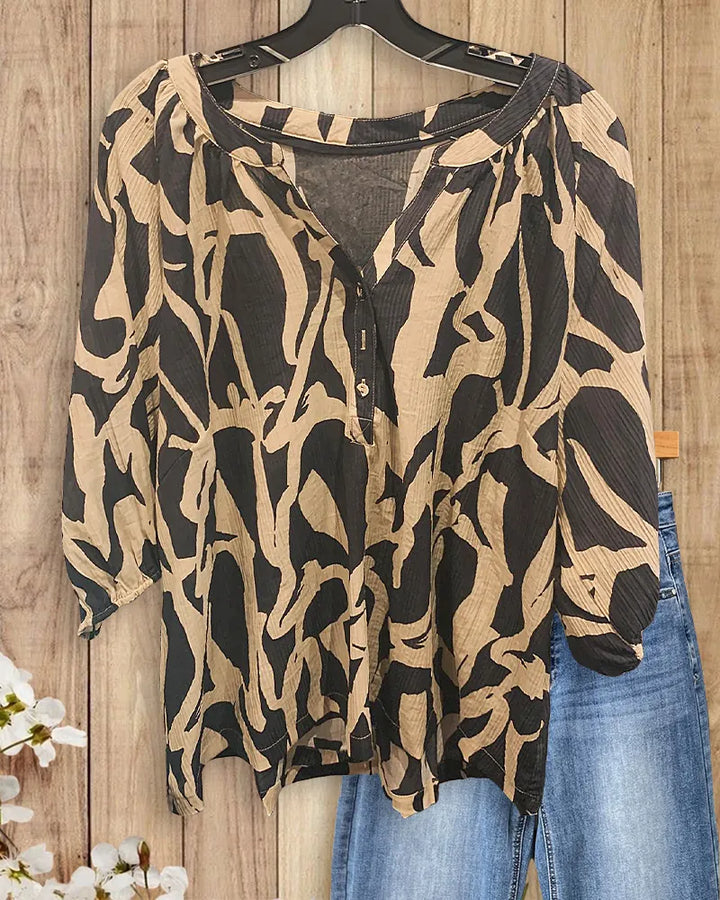 Abstract Print V Neck Henley 3/4 Sleeve Flowy Blouse