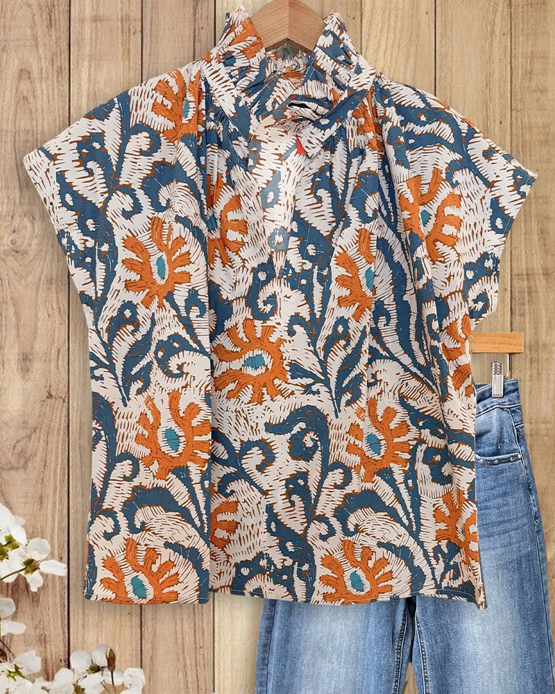 Ruffled V Neck Cap Sleeve Printed Casual Blouse