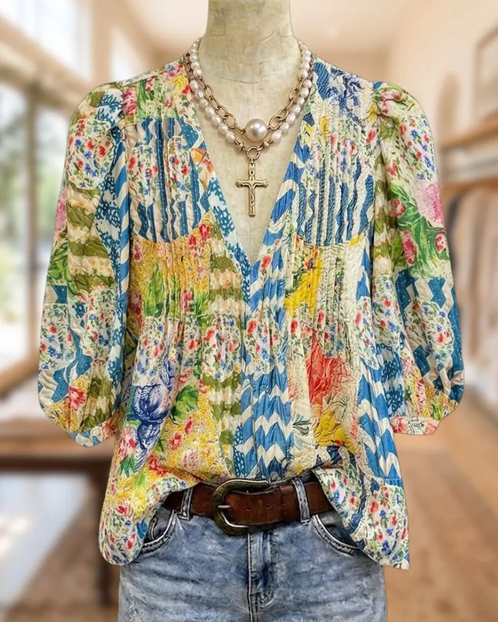 Floral Print V Neck Puff Sleeve Loose Pleated Blouse