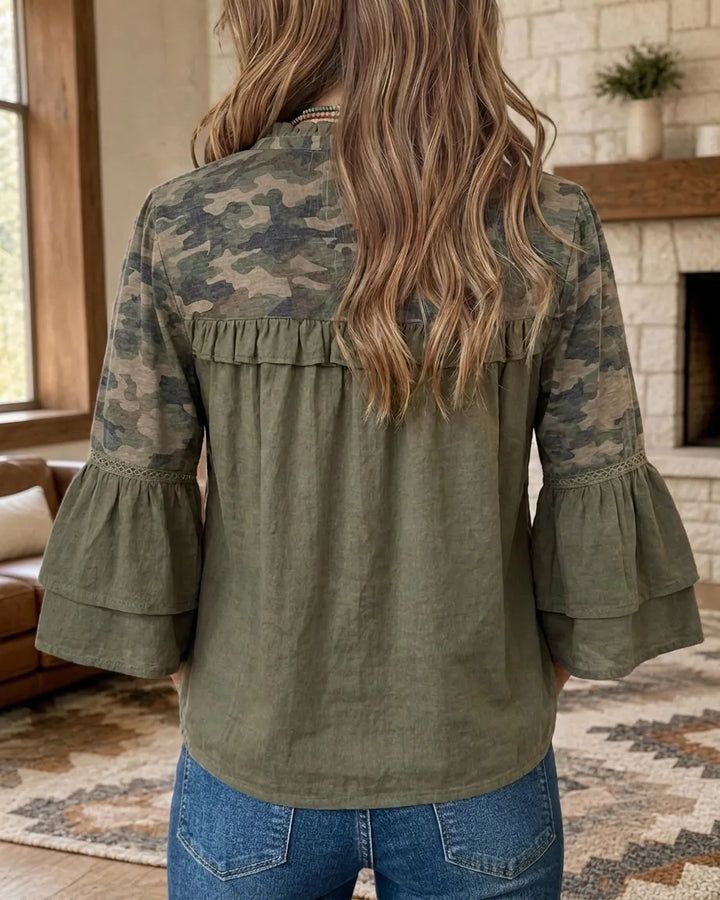100% Cotton Camo Print Ruffle Trim Button Front Flare Sleeve Blouse
