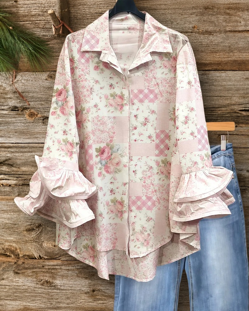 Floral Print Elegant Ruffle Sleeve Button Up Blouse
