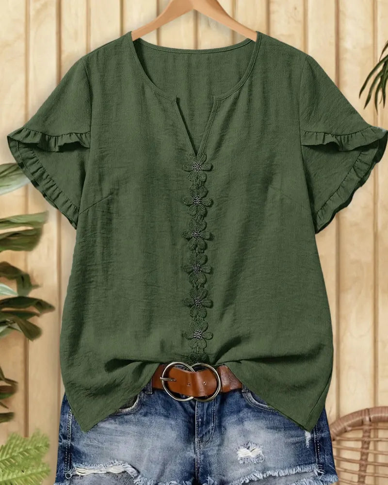 Ruffle Sleeve Floral Applique V Neck Loose Casual Blouse