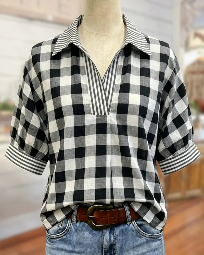 Plaid Print Contrast Stripe Trim Collared Short Sleeve Casual Shirt