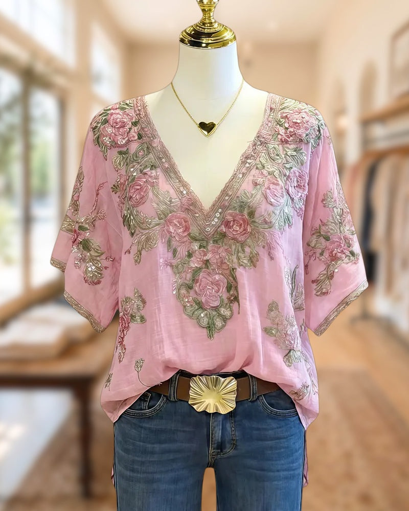 Floral Print Pastoral V Neck Blouse