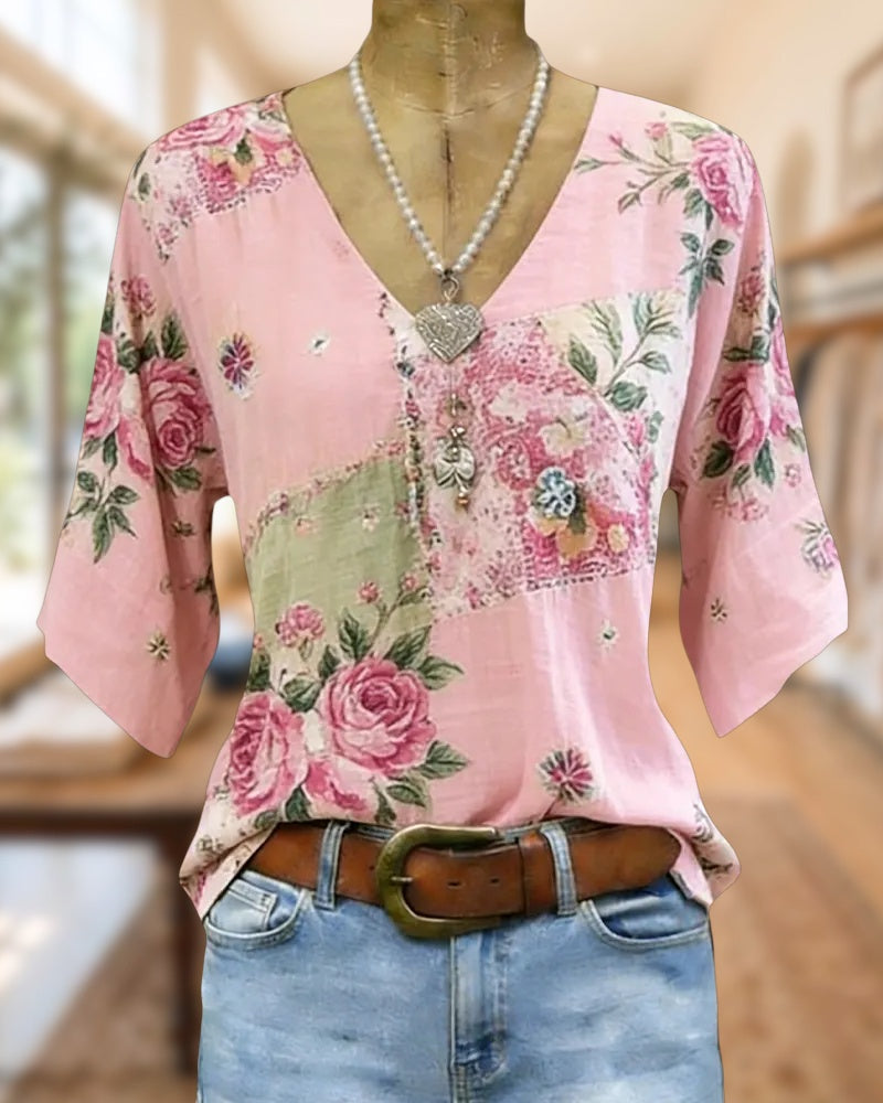 Floral Print Pastoral V Neck Shirt