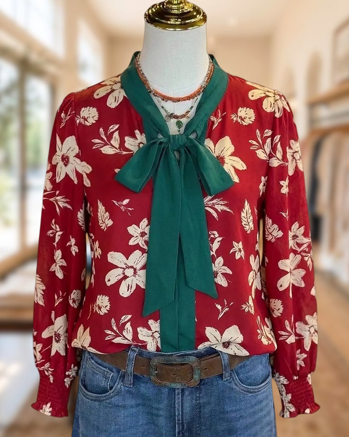 Floral Print Bow Tie Neck Long Sleeve Smocked Cuff Blouse
