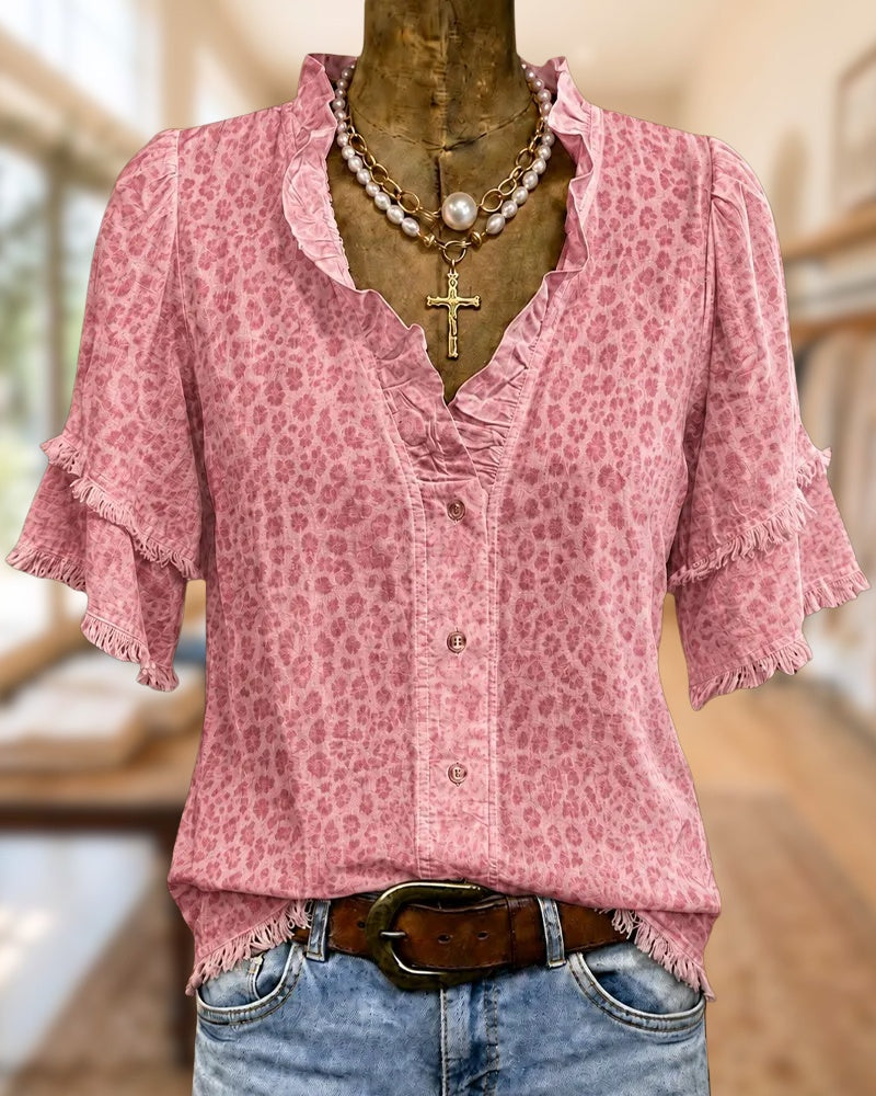 Floral Print Ruffled V Neck Tiered Sleeve Button Front Blouse