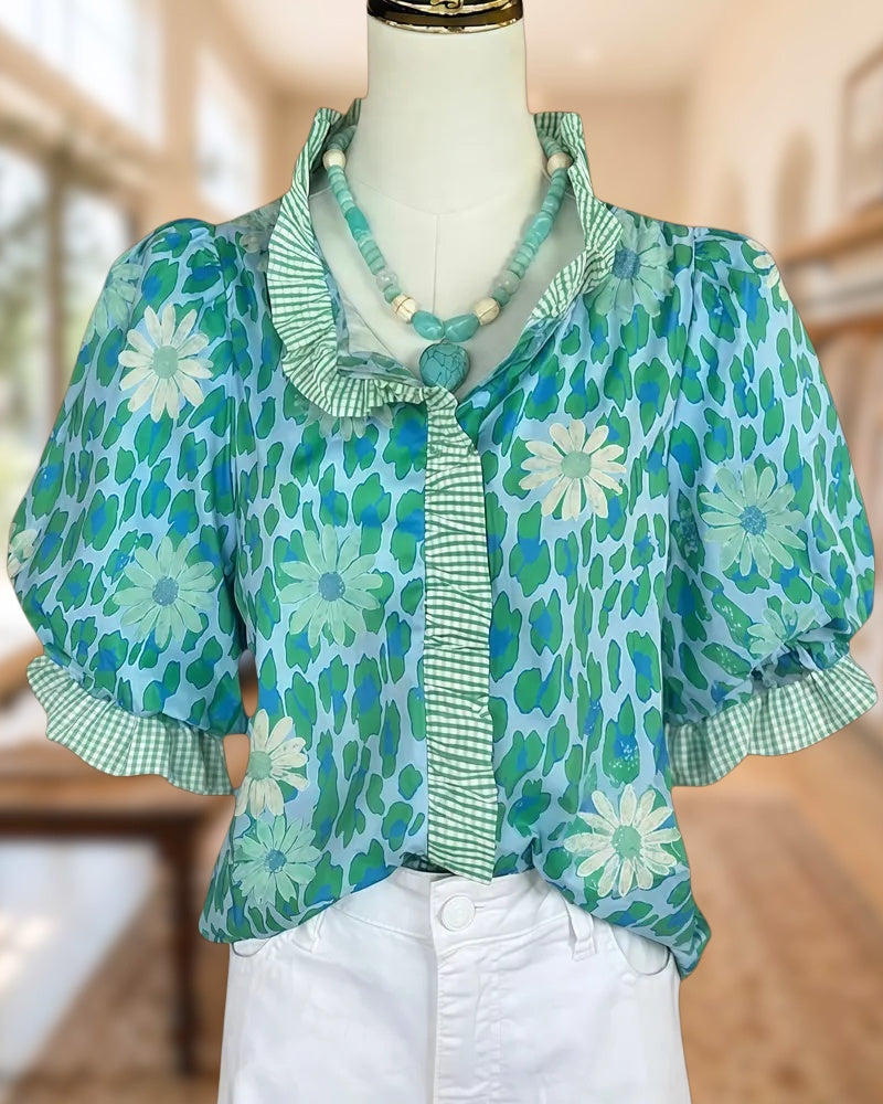 Gingham Trim Ruffled Puff Sleeve Mixed Print Casual Blouse