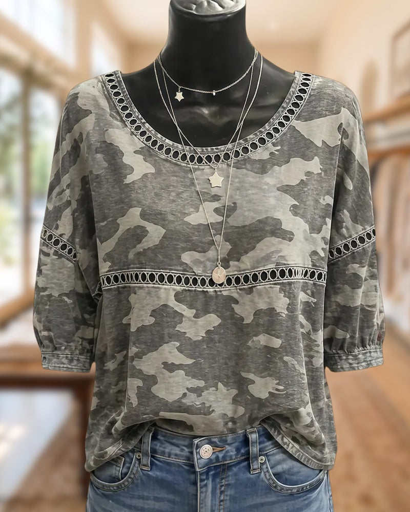 Camouflage Print Eyelet Trim Half Sleeve Loose Casual Top
