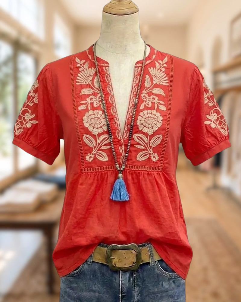 Floral Embroidered V Neck Short Sleeve Gathered Waist Blouse