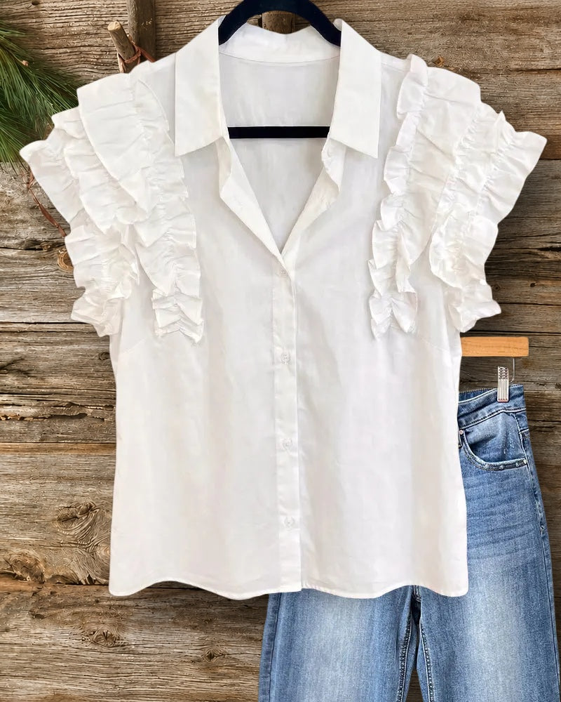 Collared Button Front Ruffled Sleeve Lightweight Casual Everyday Blouse