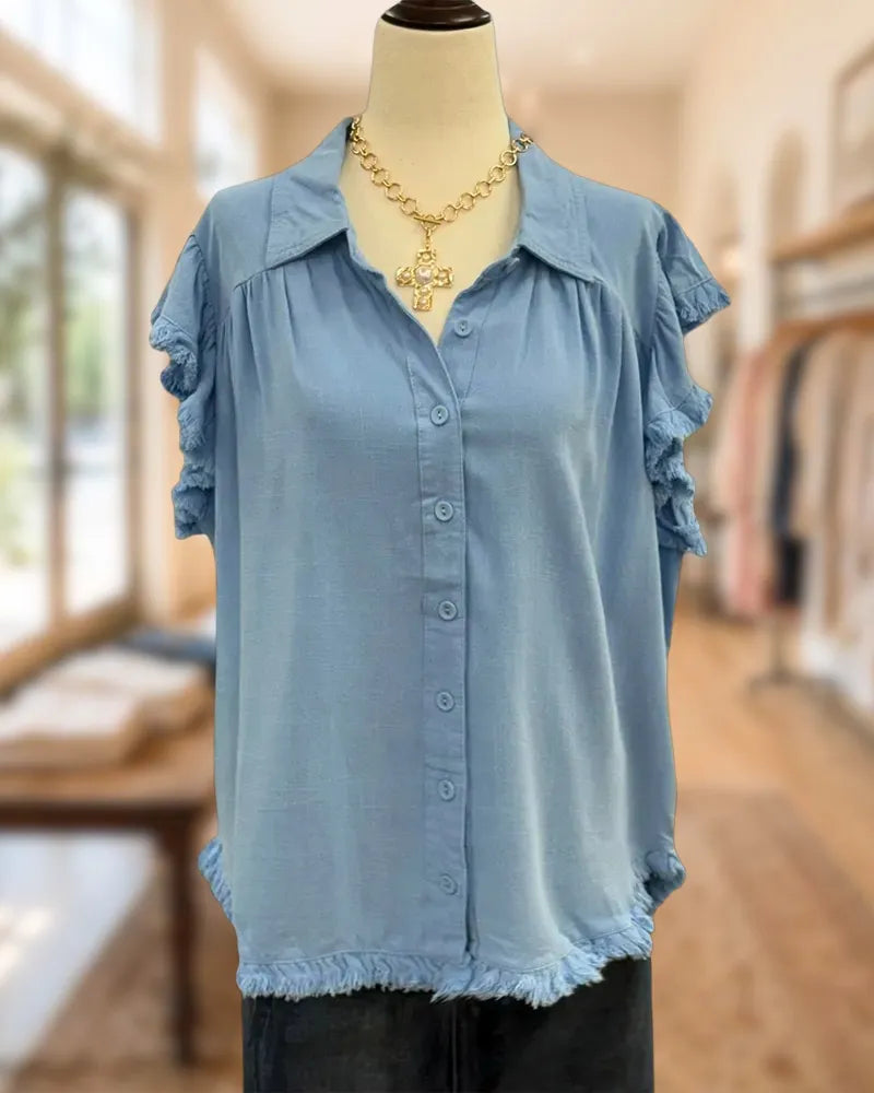 Collared Button Front Ruffle Sleeve Frayed Hem Casual Top