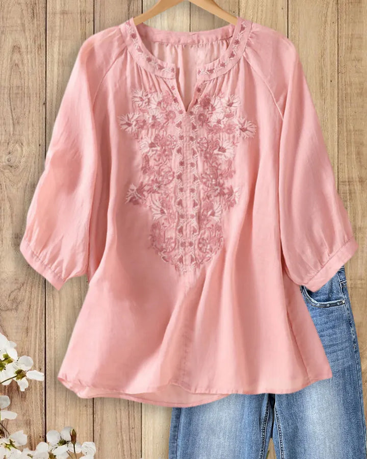 Floral Embroidered V Neck 3/4 Sleeve Loose Casual Blouse
