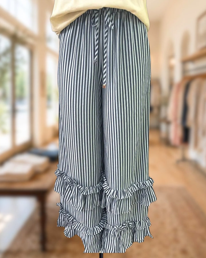 Casual Striped Drawstring Waist Tiered Ruffled Wide Leg Pants
