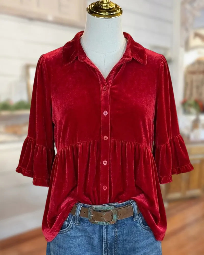 Collared Button Front Ruffled Sleeve Gathered Waist Casual Blouse