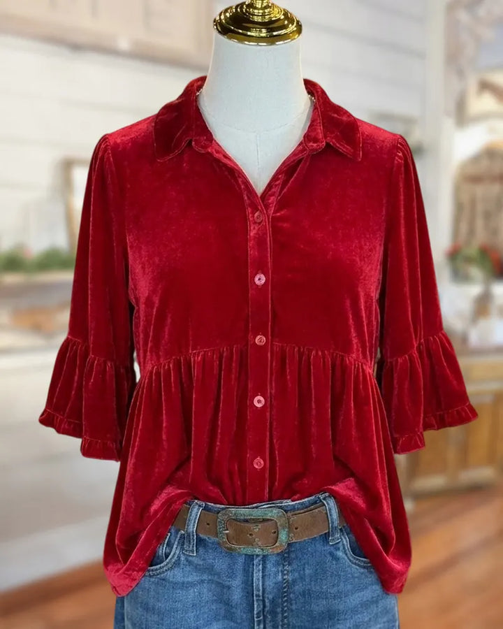 Collared Button Front Ruffled Sleeve Gathered Waist Casual Blouse