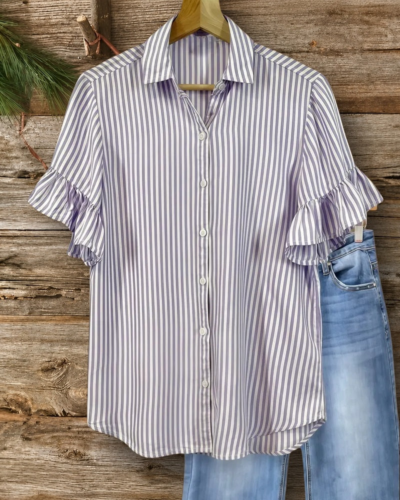 Striped Ruffle Sleeve Commuting Button Down T-Shirt