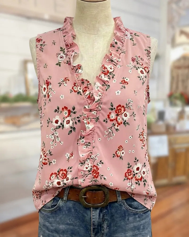 Floral Print Ruffle Trim V Neck Sleeveless Casual Blouse