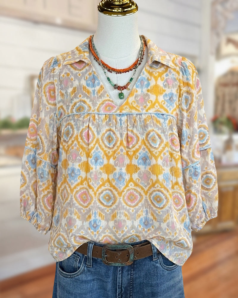 Collared V Neck Gathered Ikat Print 3/4 Sleeve Blouse