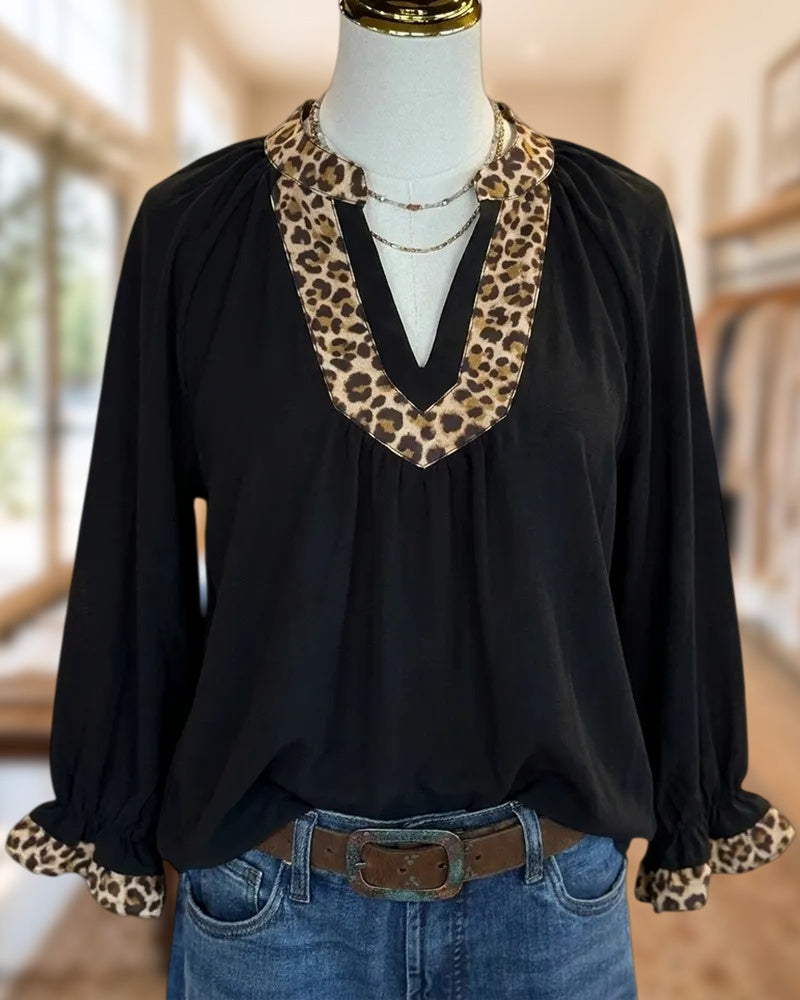 Leopard Trim V Neck Gathered Long Sleeve Casual Blouse