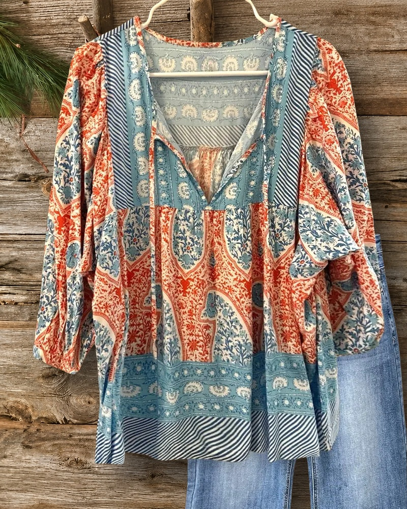 Floral Print Bohemia Tie Neck Blouse