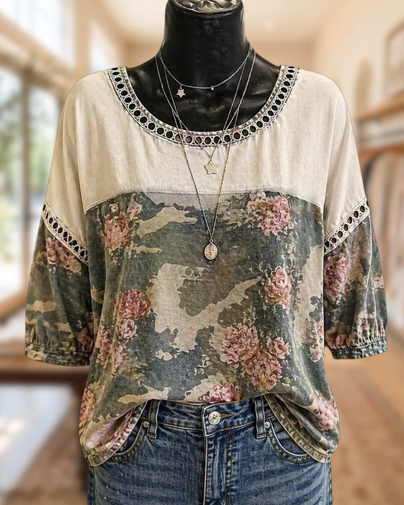 Floral Print Eyelet Trim Half Sleeve Loose Casual Blouse