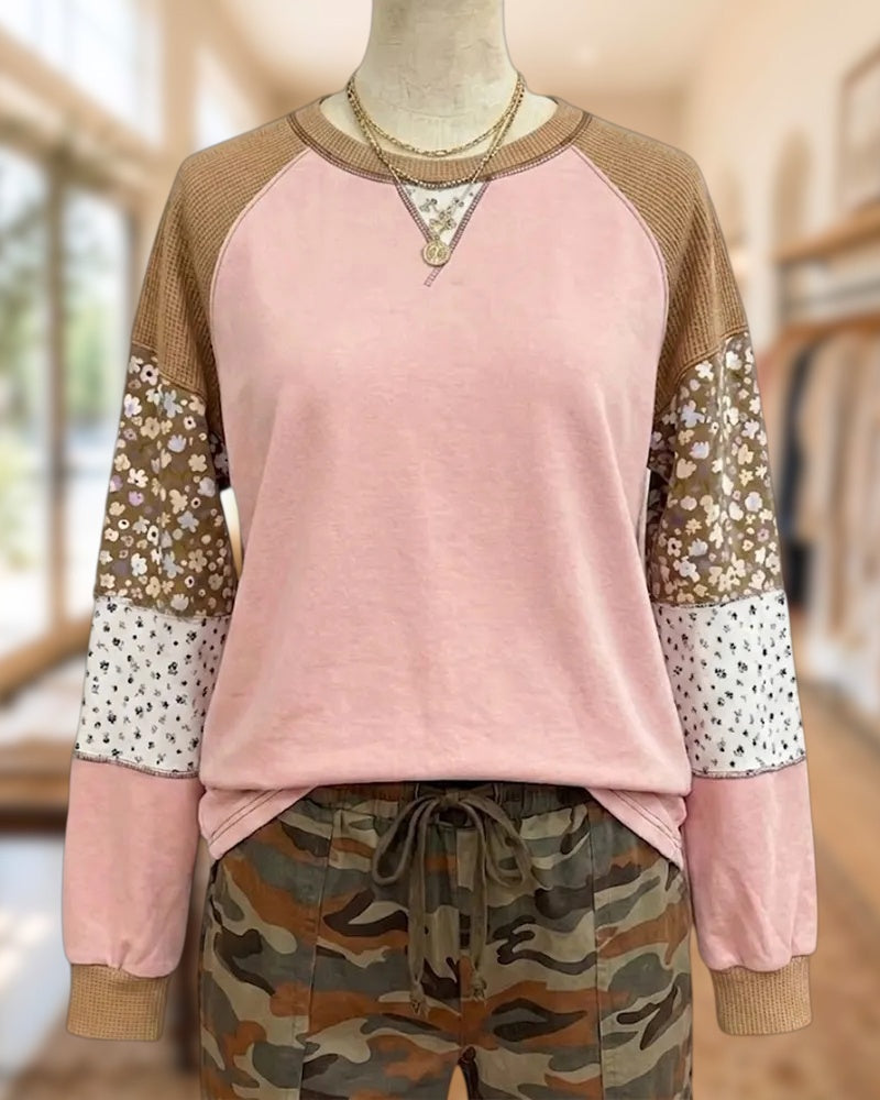 Patchwork Contrast Sleeve Crew Neck Cozy Sweatshirt