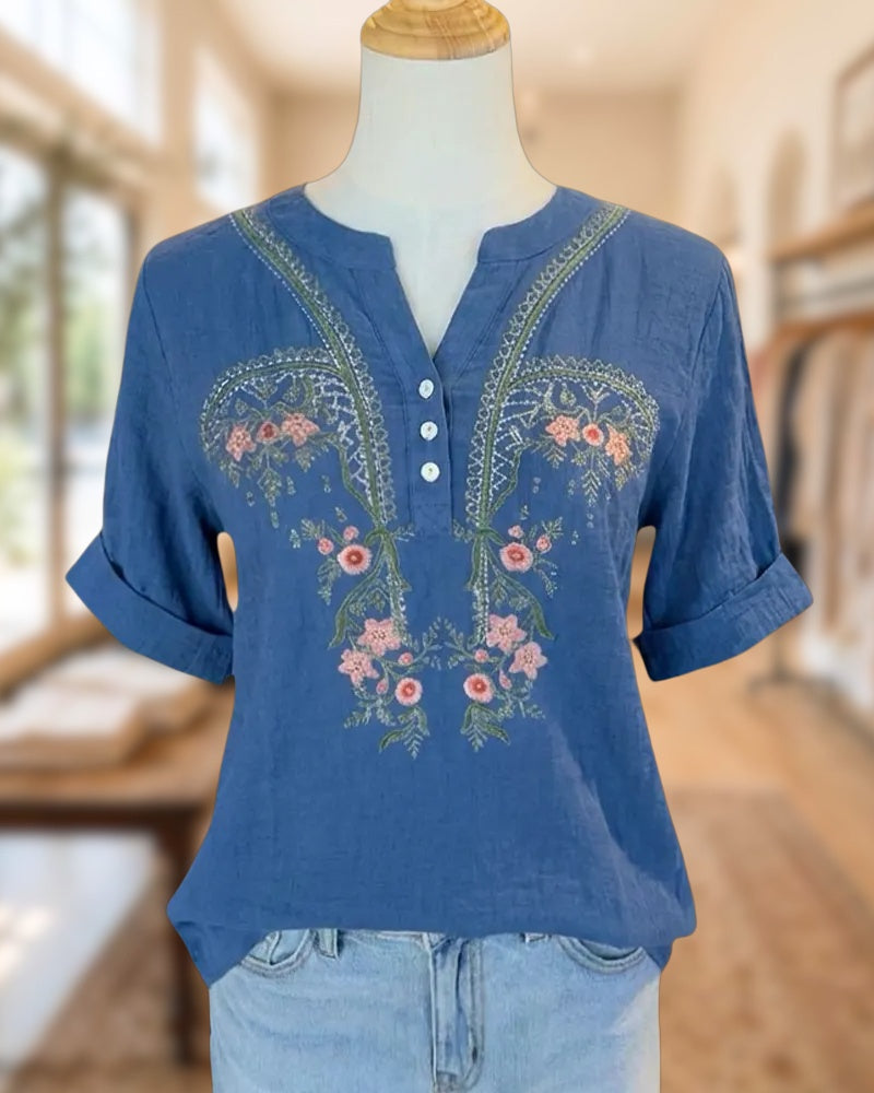 Floral Embroidered Rolled Sleeve V Neck Button Detail Blouse