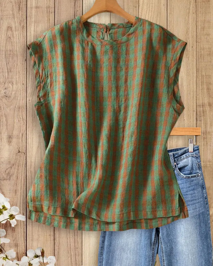 Cap Sleeve Plaid Round Neck Keyhole Back Loose Blouse