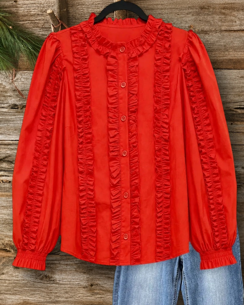 Ruffled Trim Collared Button Down Long Sleeve Blouse