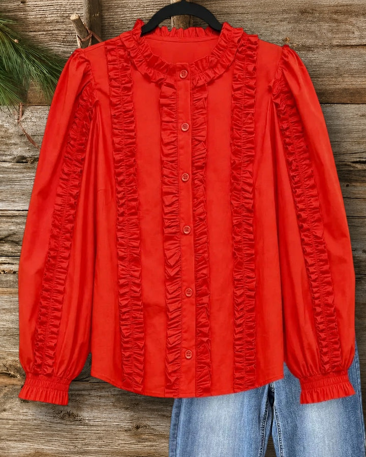 Ruffled Trim Collared Button Down Long Sleeve Blouse