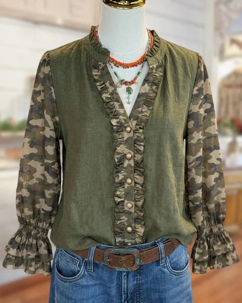 Ruffled Trim Contrast Print Sleeve Button Front Flounce Cuff Blouse