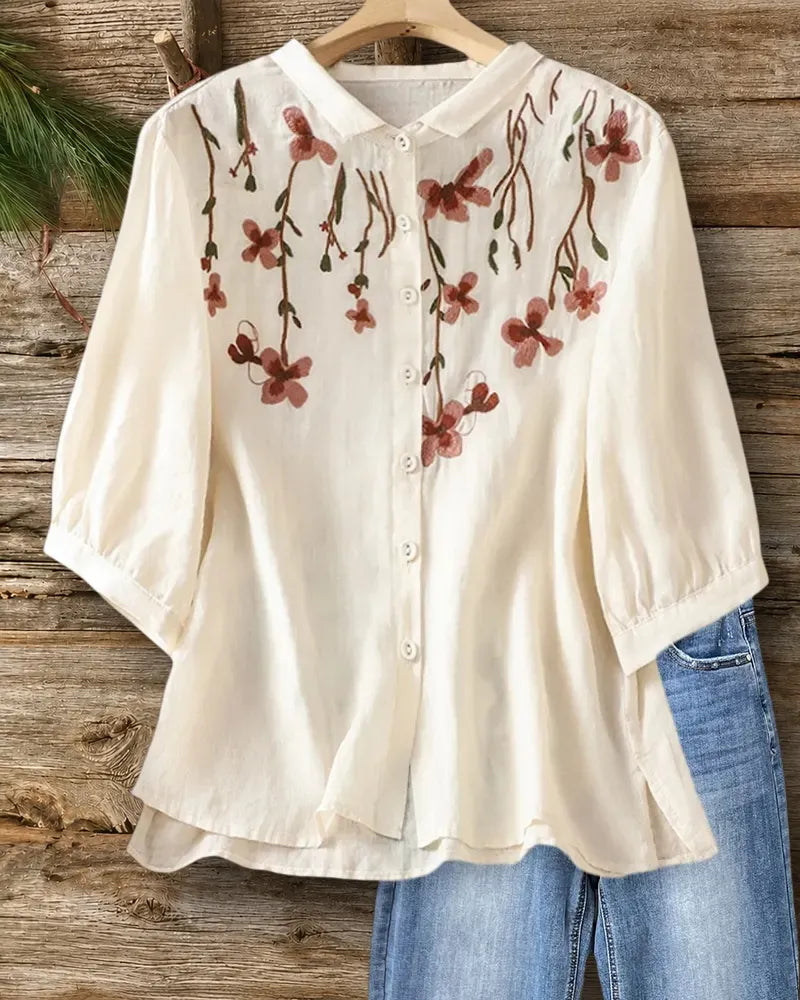 Floral Embroidered Collared Button Front 3/4 Sleeve Blouse